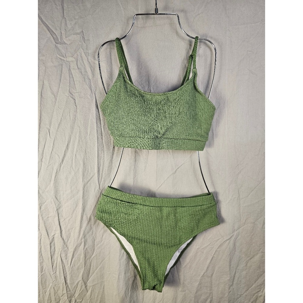 Sage Green Textured Smocked High Waisted Two Piece Bikini Set Medium